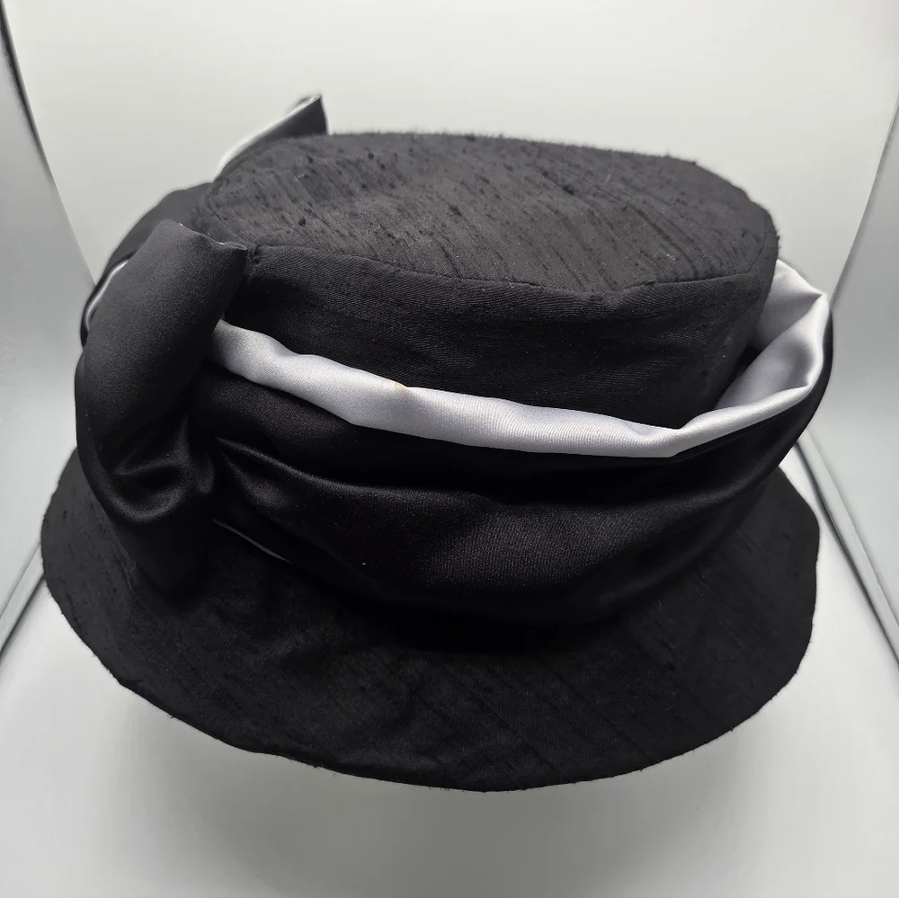 Maggie Mae Adjustable Elegant Black Silk Bow Applique Hat